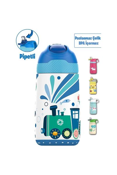 Vagonlife VGN2055 Mavi Tren 350ML Pipetli Çelik Termos Matara