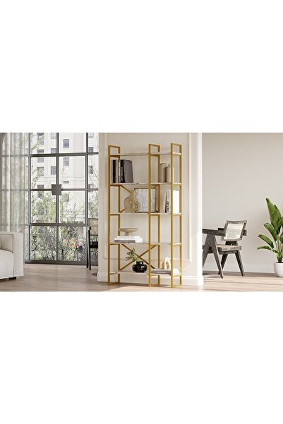 L'occi Concept Arnis Gold Metal Kitaplık 5 Raflı 2 Bölme 175cm Mermer Desen As4-ge