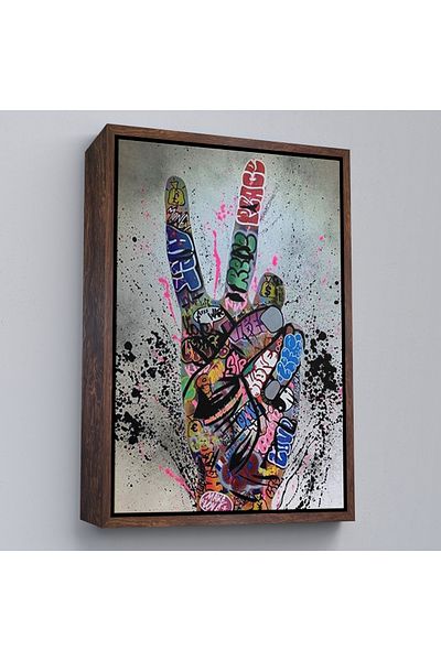 Harita Sepeti Tablou pe pânză cu mișcare manuală Bansky înrămat, Graffiti Victory Sign Street Art Painting-5309