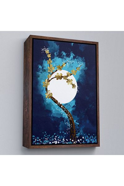 Harita Sepeti Pictură pe pânză cu cadru de copac cu flori aurii și lună, exemplu de artă contemporană abstractă-4971