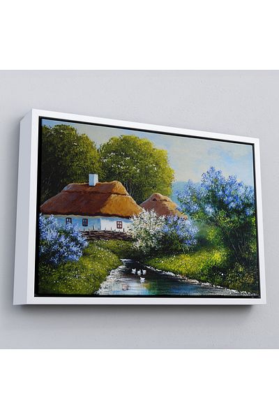 Harita Sepeti Casă de sat pe marginea râului într-un cadru Pictură în ulei Pictură decorativă pe pânză de perete-3637