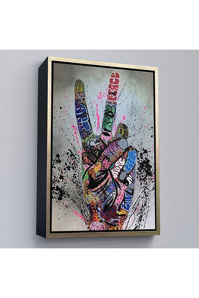 Harita Sepeti Tablou pe pânză cu mișcare manuală Bansky înrămat, Graffiti Victory Sign Street Art Painting-5309