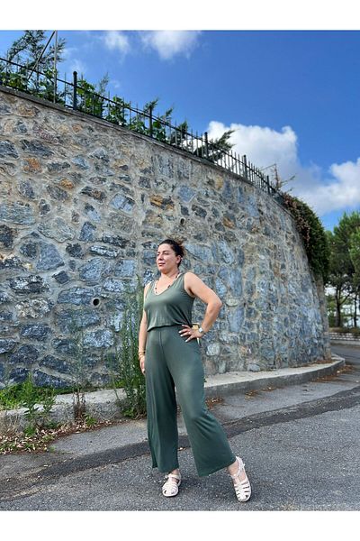 MJORA V-Neck Ankle Length Green Viscose Jumpsuit