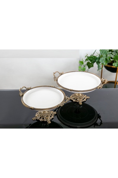BULUTHOMEAKSESUAR Antique Porcelain Presentation Plate Set - 2 Pieces with Stand