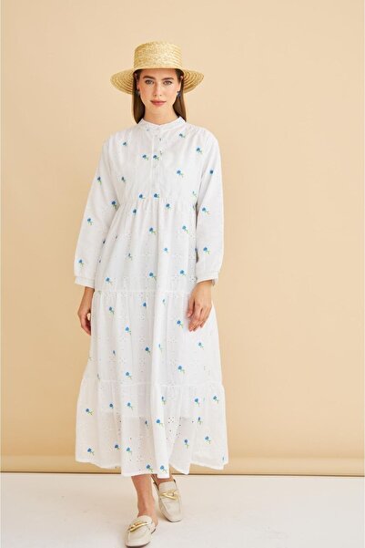 Basicpark Guıpure Embroidered and Buttoned Brode Oversize Blue Dress