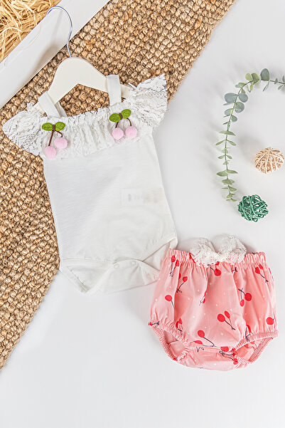 Babymod Kiraz Desenli Güpürlü Kız Bebek Tulum Takım