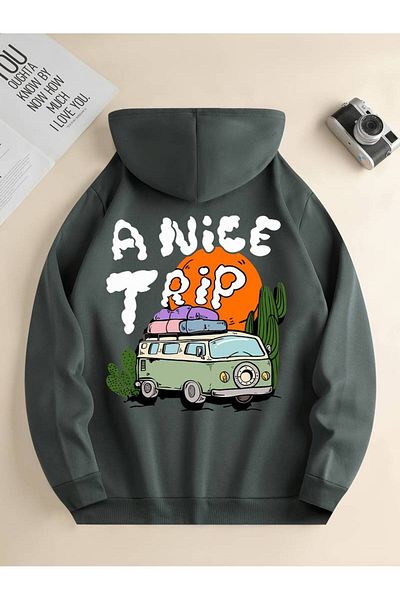 AMMA A Nice Trip Printed Unisex Oversize φούτερ με κουκούλα - Χειμερινό φούτερ με 3 κλωστές