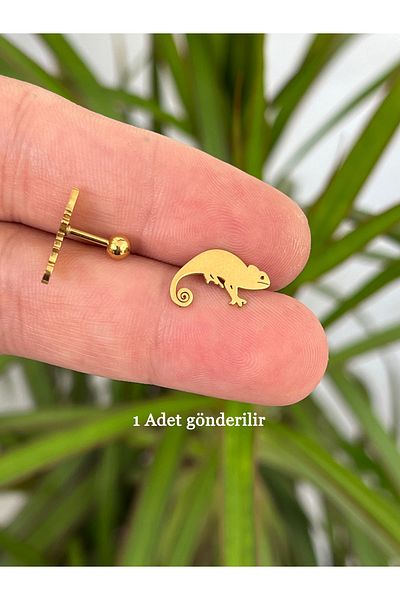 Karınca Piercing Gold Color Animal Motif Chameleon - Surgical Steel Tragus Helix Ear Piercing Earrings
