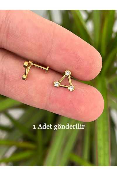 Karınca Piercing Gold Colored Jewelled Triangle Accessory - Ear Tragus and Conch Piercing Earrings