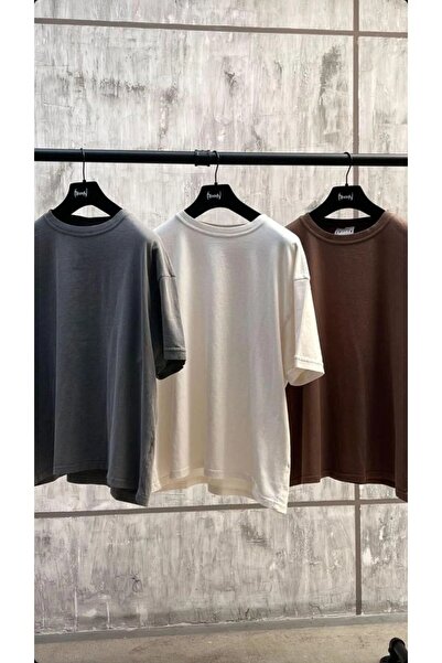 NO 601 Tricou unisex maro-alb-fumuriu, simplu, fără model, pachet de 3, overs...