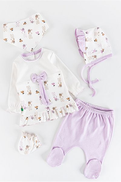 Babymod Rabbit Patterned Bow 5 Piece Baby Girl Hospital Outlet Baby Set