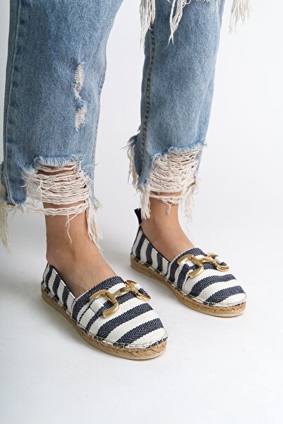 SHOEMARK Emma Lacivert Çizgili Keten ve Gerçek Deri Kadın Espadril Ayakkabı