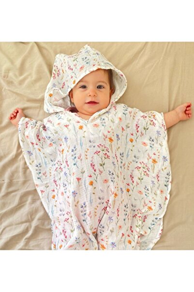 elibaby %100 Organik Pamuk Çiçek Kız Müslin Kapşonlu Panço Plaj Çocuk Bebek P...