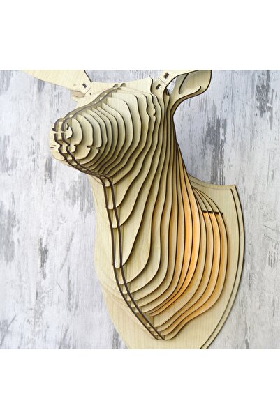 hü ma tasarım ve aksesuar Natural Wood Laser Cut Rustic Living Room Sconce Wall Decor with Maple Deer Head Design (Bulb Included)