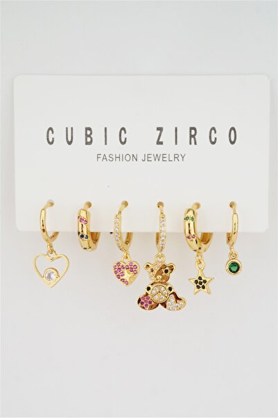 By Zeyna Aksesuar Kadın Kararmaz Altın Kaplama Ayıcık Detaylı 6'lı Zirkon Set...