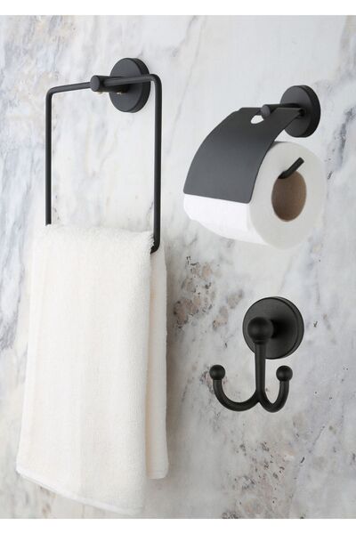 evina Banyo Aksesuar Seti Siyah Kare Havluluk Tuvalet Kağıtlığı Bornozluk Mat Siyah