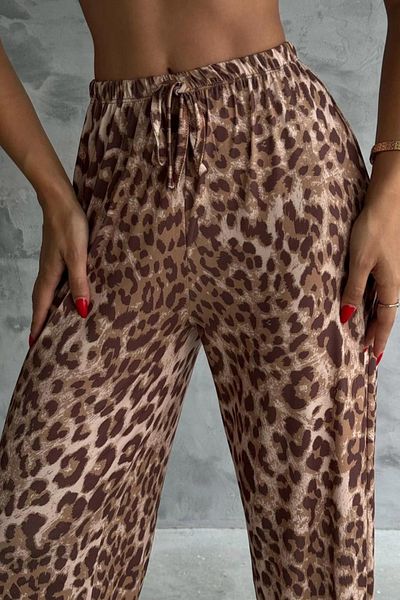 MOZENA Light Color Leopard Pattern Waist Tied Trousers