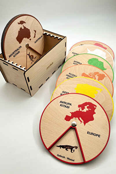 zoziva Kıtalarda Yaşayan Hayvanları Öğreniyorum, Montessori Eğitici Ahşap Çark Oyuncağı, 7 Kıta ve Kutusu