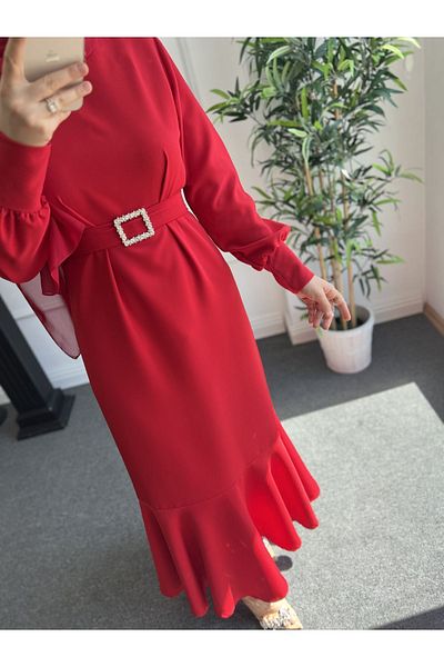 Nisa Nalbantoğlu Φόρεμα καλεσμένων με ζώνη Crepe Red Stone - Φερμουάρ στην πλάτη