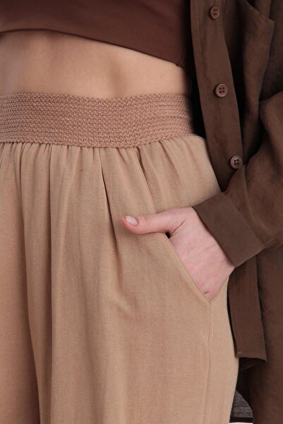 Suziş Παντελόνι Camel Palazzo με λινό υφή - Ελαστική μέση 50799