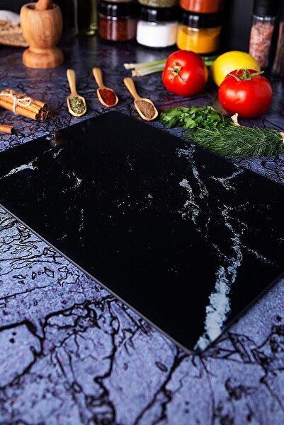 vipgross Temperli Cam Kesim Tahtası 20*30 Siyah Mermer – Çizilmez, Isıya Dayanıklı, Kırılmaz, Kaymaz