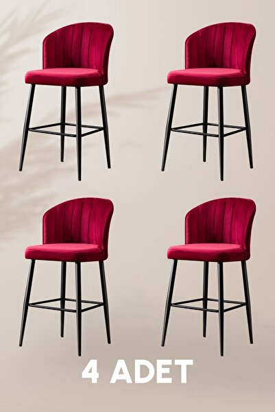 MYMASSA Rubi Bar Sandalye - Babyface Bordo - Siyah Metal Ayak - Bar Taburesi / Bar Sandalyesi (4 ADET)
