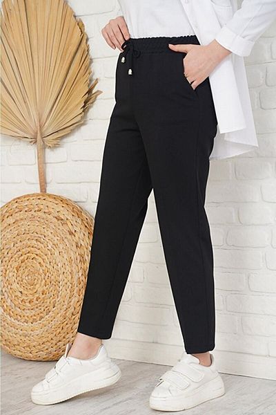 asilmoda Rope Detailed, Elastic Waist, Slim Leg Black Trousers