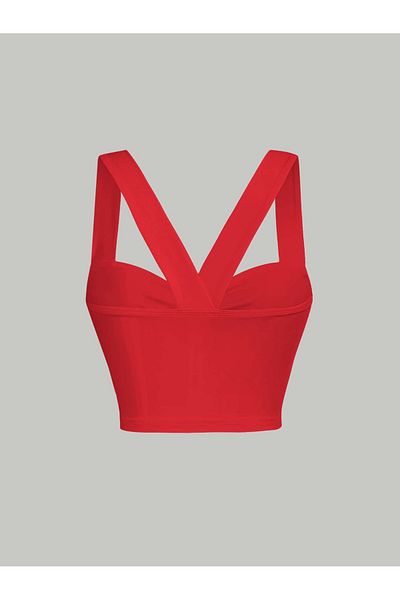 Wild Flower Red Wide Shouldered Strap Front Crop Twist