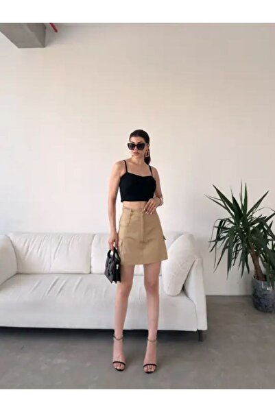 Genel Markalar Yüksek Bel Cep Detaylı Gabardin Şort Etek