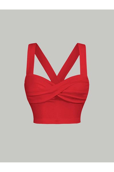 Wild Flower Red Wide Shouldered Strap Front Crop Twist