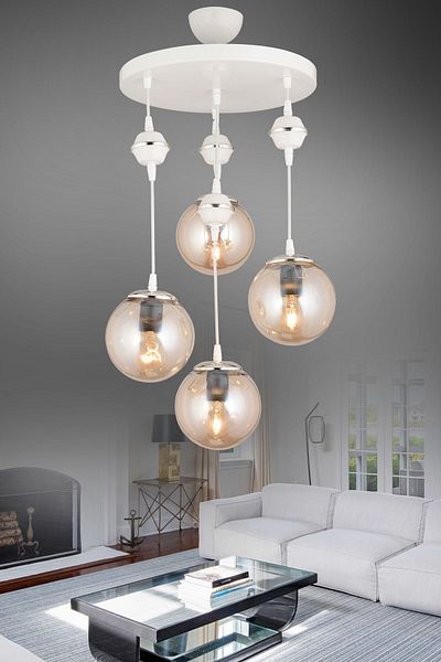 SONSUZ AYDINLATMA&AVİZE Pendant Lamp Tray White 4-Piece Bal Glop Top Glass Downward Facing Luxury Chandelier