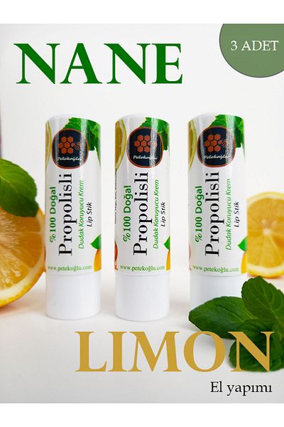 Petekoğlu 3 Pieces Lip Cream Natural Lip Balm Lip Protector Lip Repair Propolis Mint Lemon Oil Cream