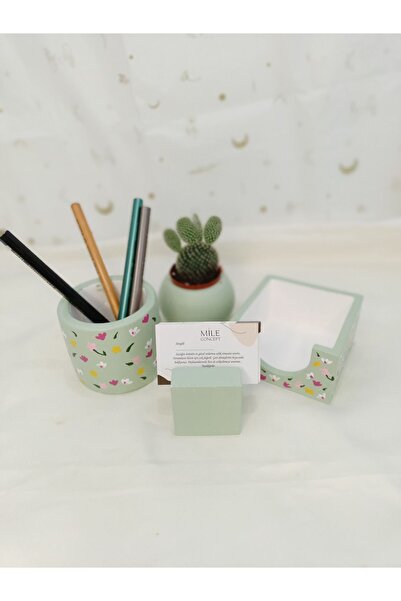 MİLE CONCEPT Masaüstü Dekoratif Beton Bloknotluk, Kalemlik,saksı Ve Kartlık Seti