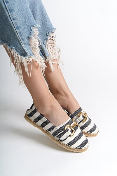 SHOEMARK Emma Siyah Çizgili Keten ve Gerçek Deri Kadın Espadril Ayakkabı