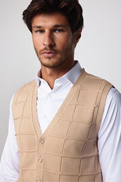 Tudors Slim Fit Square Patterned Stone Color Men's Vest