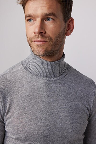 Tudors Erkek Slim Fit Dar Kesim Tam Balıkçı Yaka Düz Yün Gri Triko Kazak