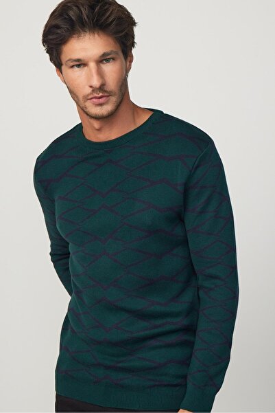 Tudors Men's Slim Fit Slim Fit Crew Neck Jacquard Green-Black Knitwear Sweater