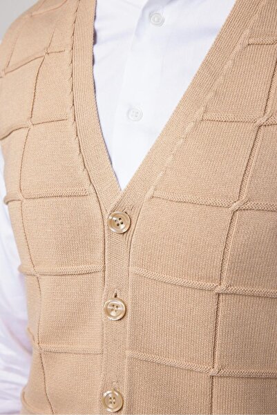 Tudors Slim Fit Square Patterned Stone Color Men's Vest