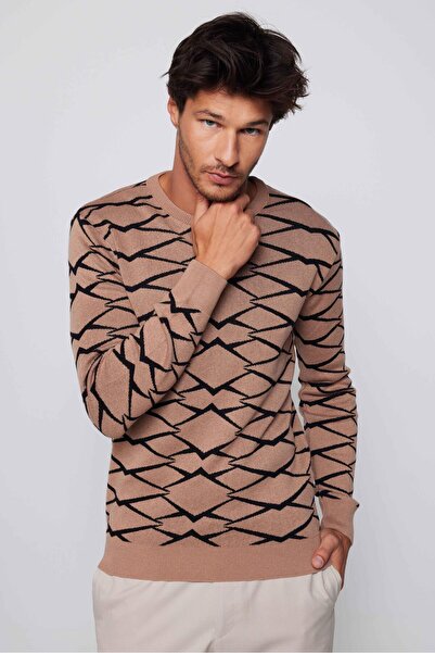 Tudors Men's Mink-Black Slim Fit Crew Neck Jacquard Knitwear Sweater