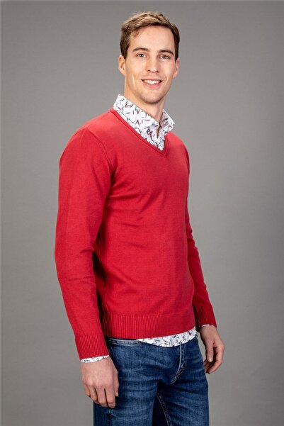 Tudors Men's Slim Fit Slim Fit V-Neck Cotton Red Knitwear Sweater