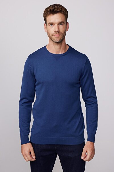 Tudors Erkek Standart Fit Normal Kesim Bisiklet Yaka Indigo Triko Kazak