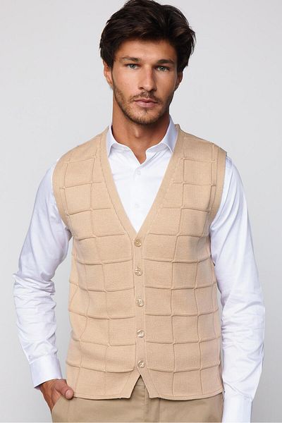 Tudors Slim Fit Square Patterned Stone Color Men's Vest