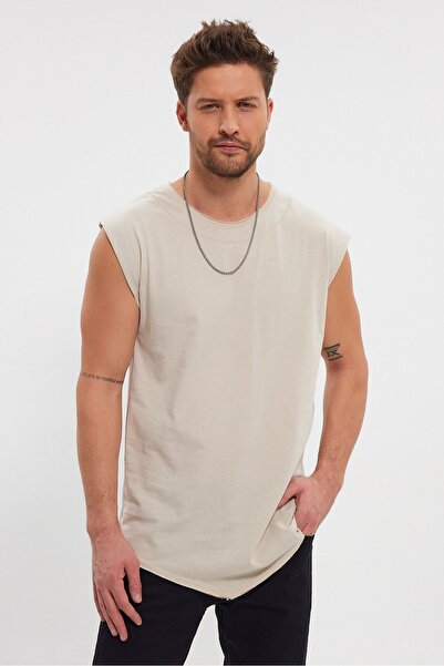 rammers Wide Collar Asymmetrical and Filthy Cut Detailed Zero Sleeve T-Shirt