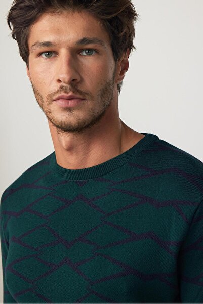 Tudors Men's Slim Fit Slim Fit Crew Neck Jacquard Green-Black Knitwear Sweater