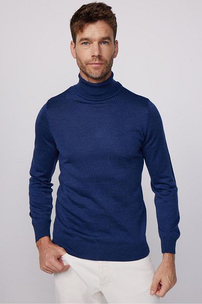 Tudors Herren-Strickpullover mit schmaler Passform, schmaler Passform, Rundhalsausschnitt, einfarbig, Saxophon, Blau