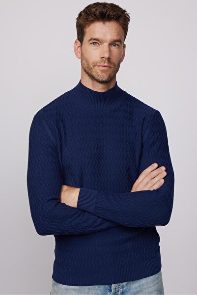 Tudors Navy Blue Slim Fit Knitwear Sweater - Half Turtleneck, Patterned Non-Pilling
