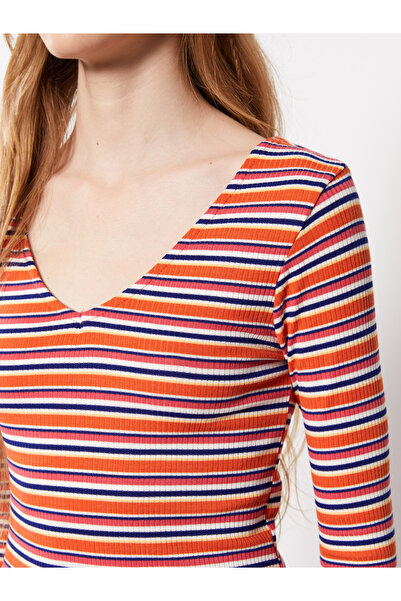 LC Waikiki Γυναικείο φόρεμα με μακρυμάνικο V λαιμόκοψη Bodycon ριγέ