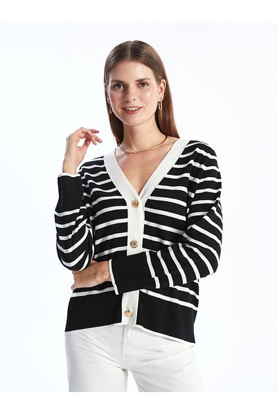 LC Waikiki Gestreifter Damen-Strickjacke mit langen Ärmeln und V-Ausschnitt