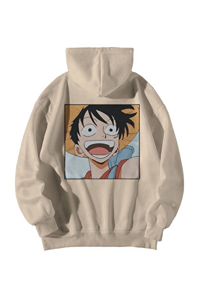 Stadium Krem Unisex Oversize Kapüşonlu Kanguru Cepli One Piece Anime Baskılı ...