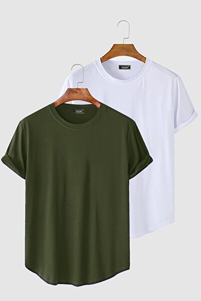 Terapi Men 2'li Erkek Haki-Beyaz Kolları Katlı Oval Kesim Cepsiz Bisiklet Yaka T-shirt